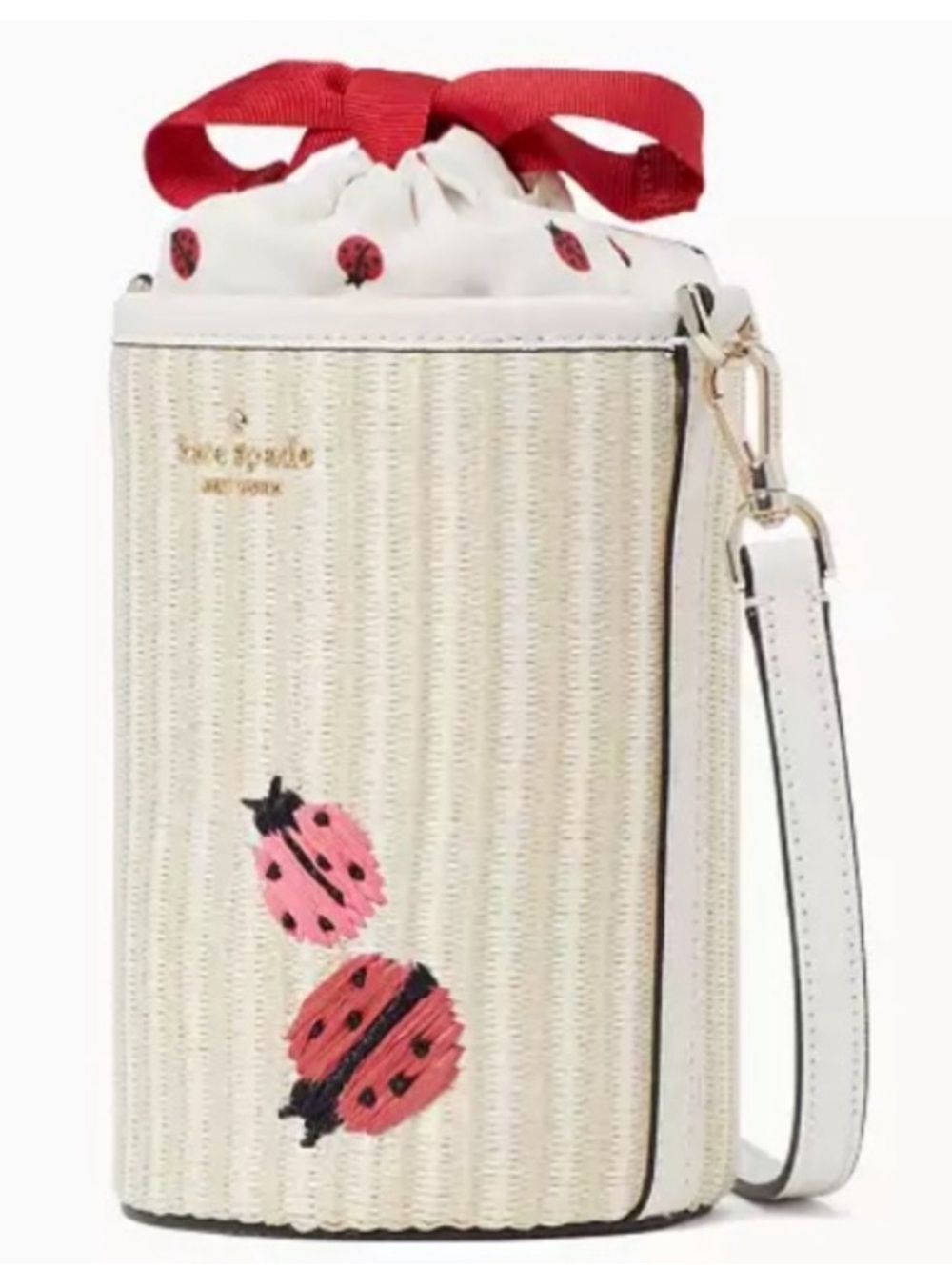 Kate Spade Cream Straw Crossbody w leather strap Pink Red Ladybug Detail NWOT - Picture 2 of 8